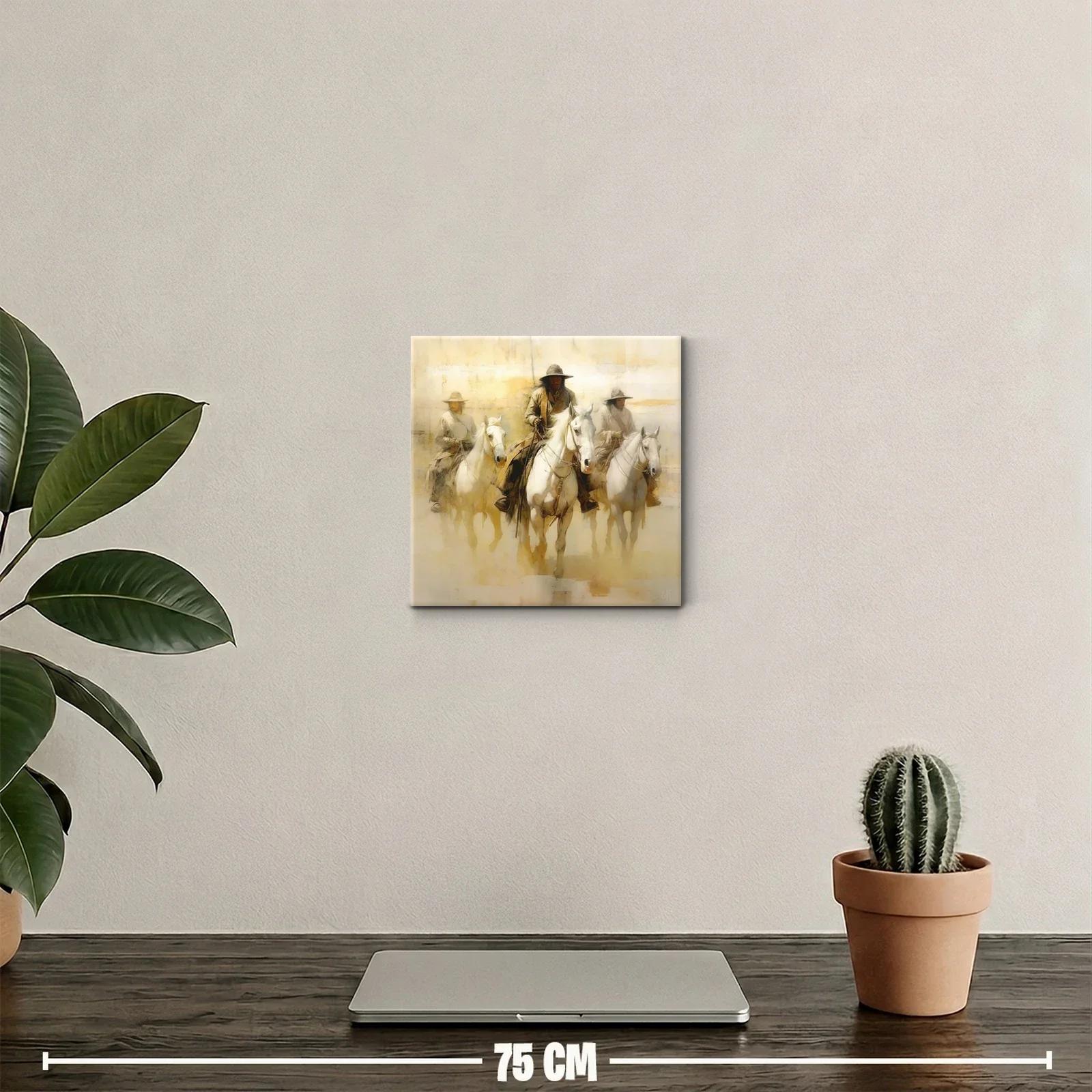 Cuadro decorativo con jinetes y caballos en tonos cálidos — miniatura 2
