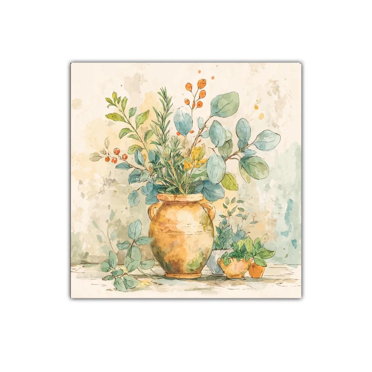 Cuadro decorativo con jarrón y plantas naturales en tonos suaves