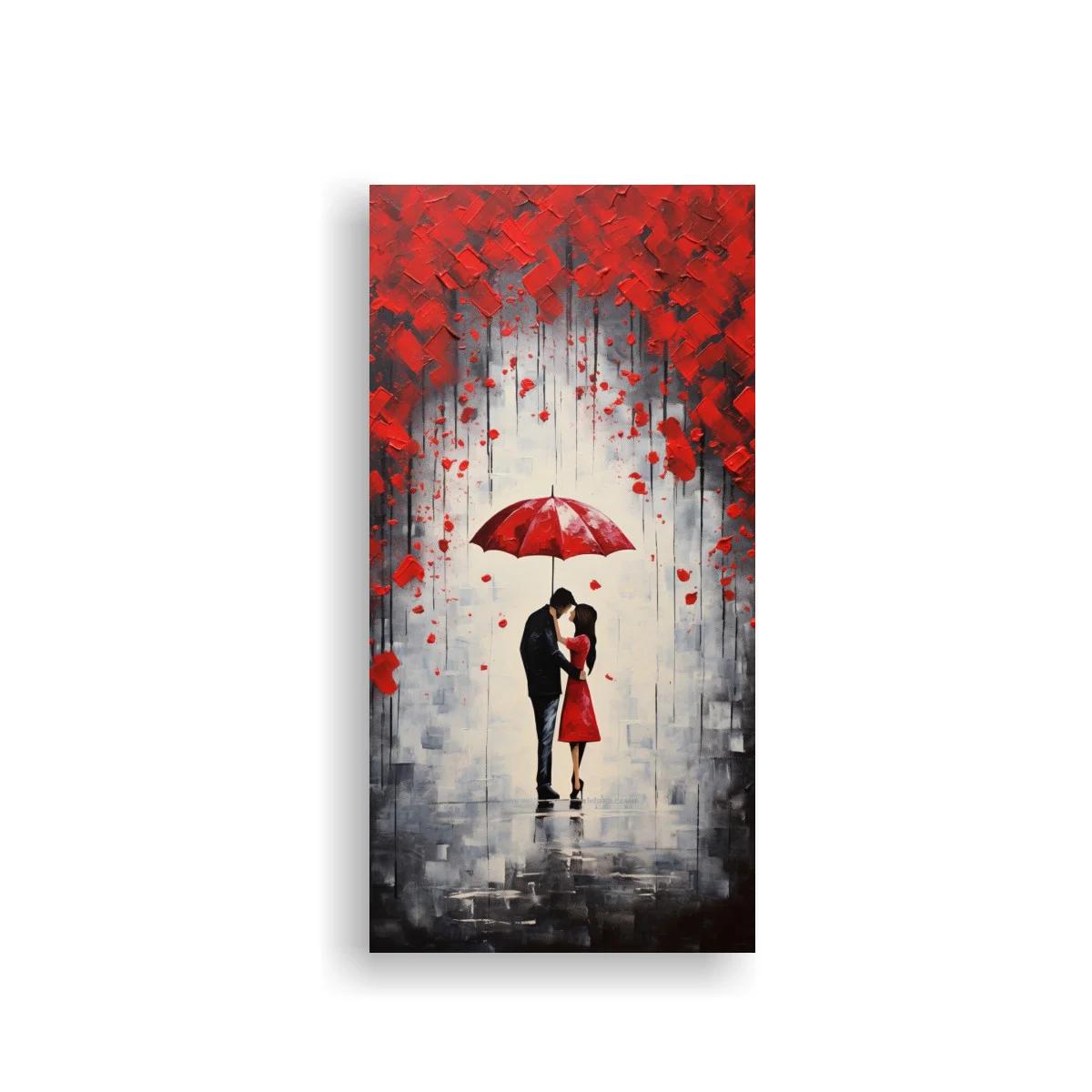 Cuadro pareja besándose bajo paraguas rojo con lluvia y hojas rojas