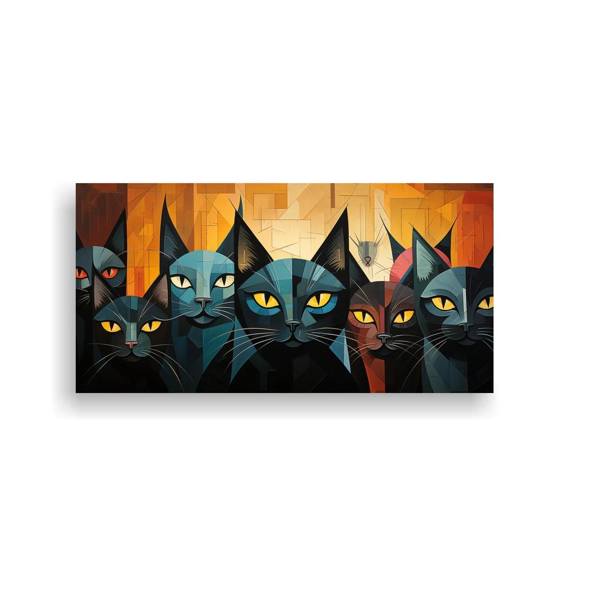 Cuadro gatos negros con ojos amarillos y estilo geométrico