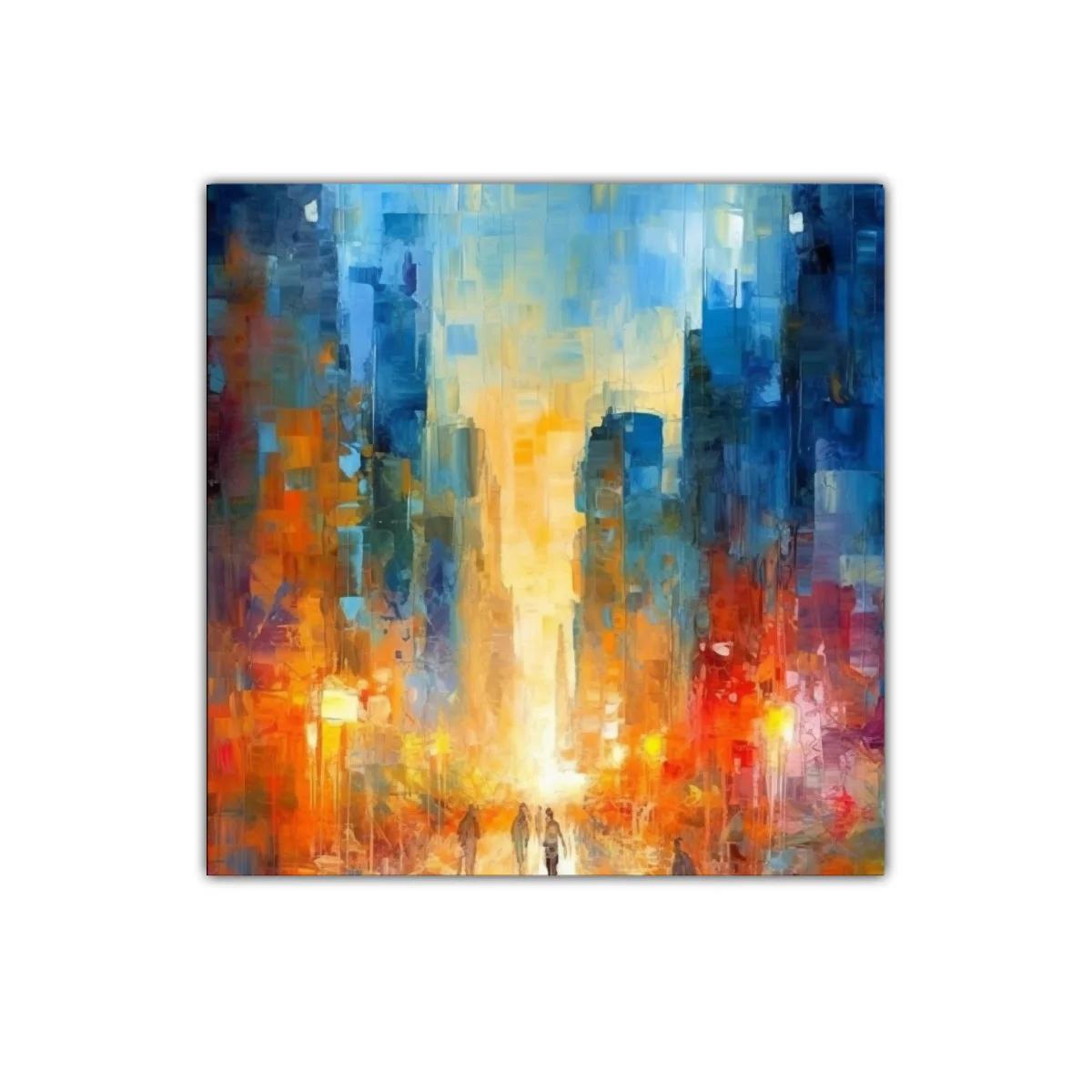 Calle urbana vibrante con luces cálidas y cielos azules — miniatura 1