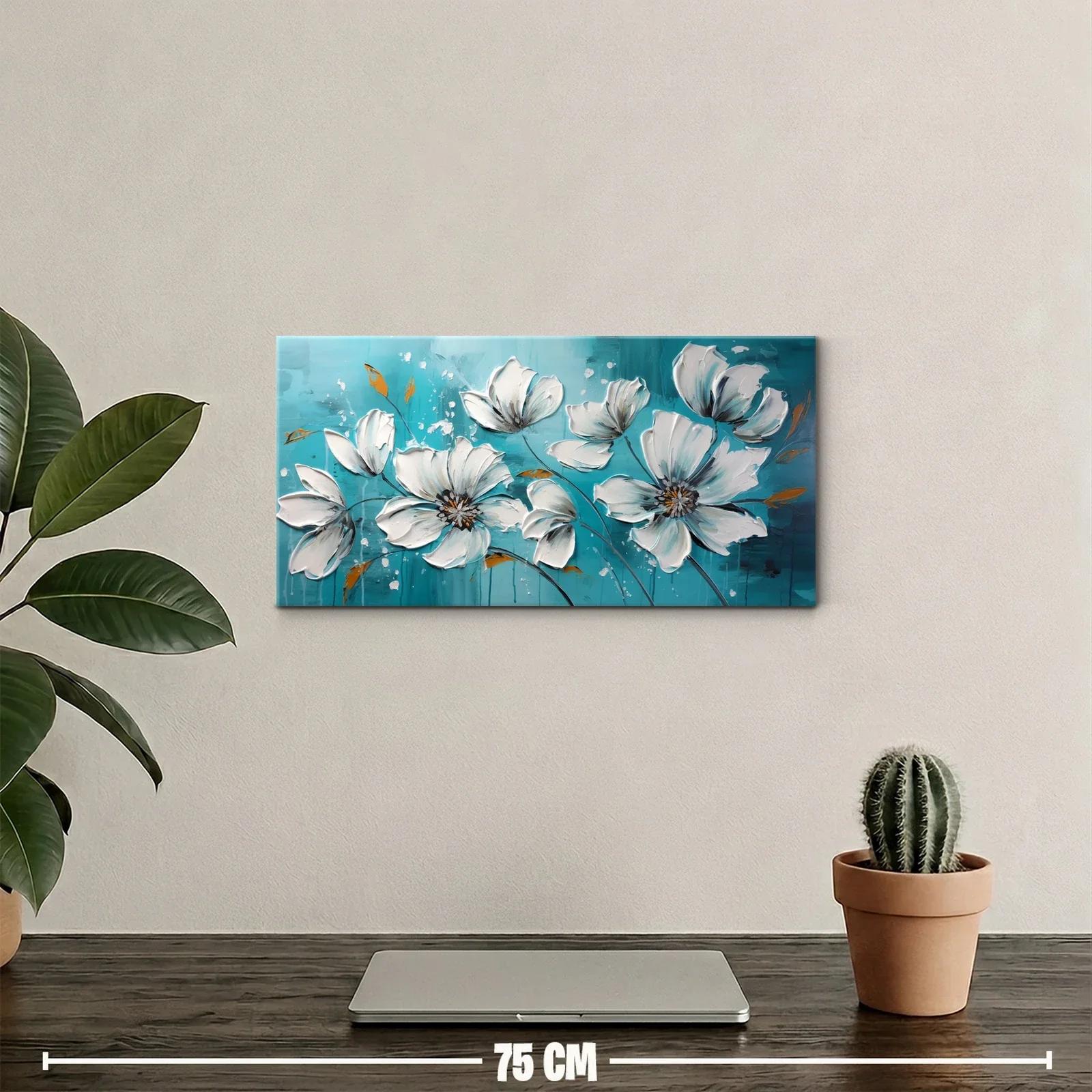 Cuadro de flores blancas tipo magnolia con fondo azul turquesa — miniatura 2