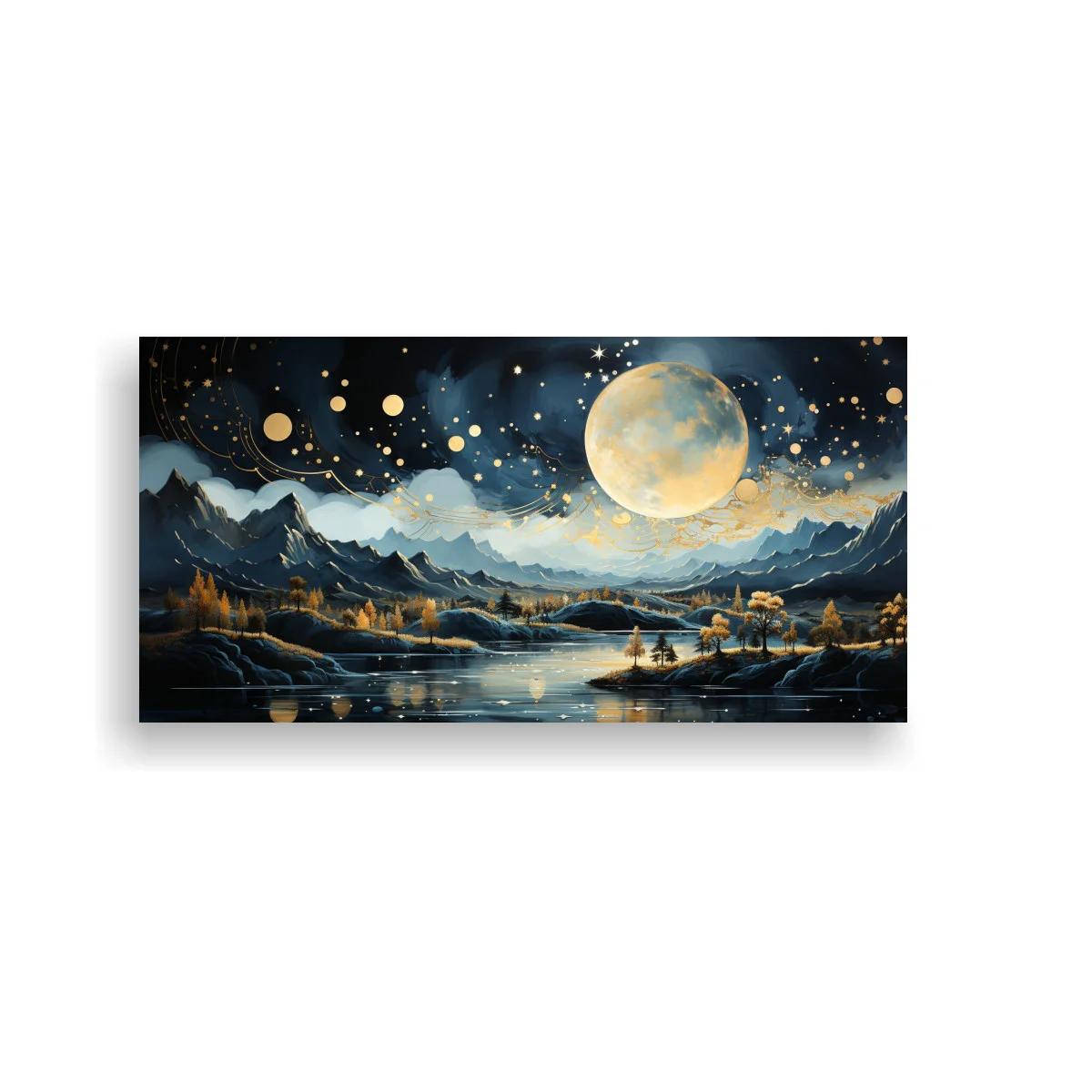 Cuadro paisaje nocturno con luna llena dorada — imagen principal