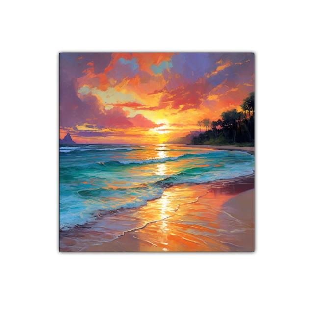 Atardecer vibrante en playa tropical con reflejos dorados