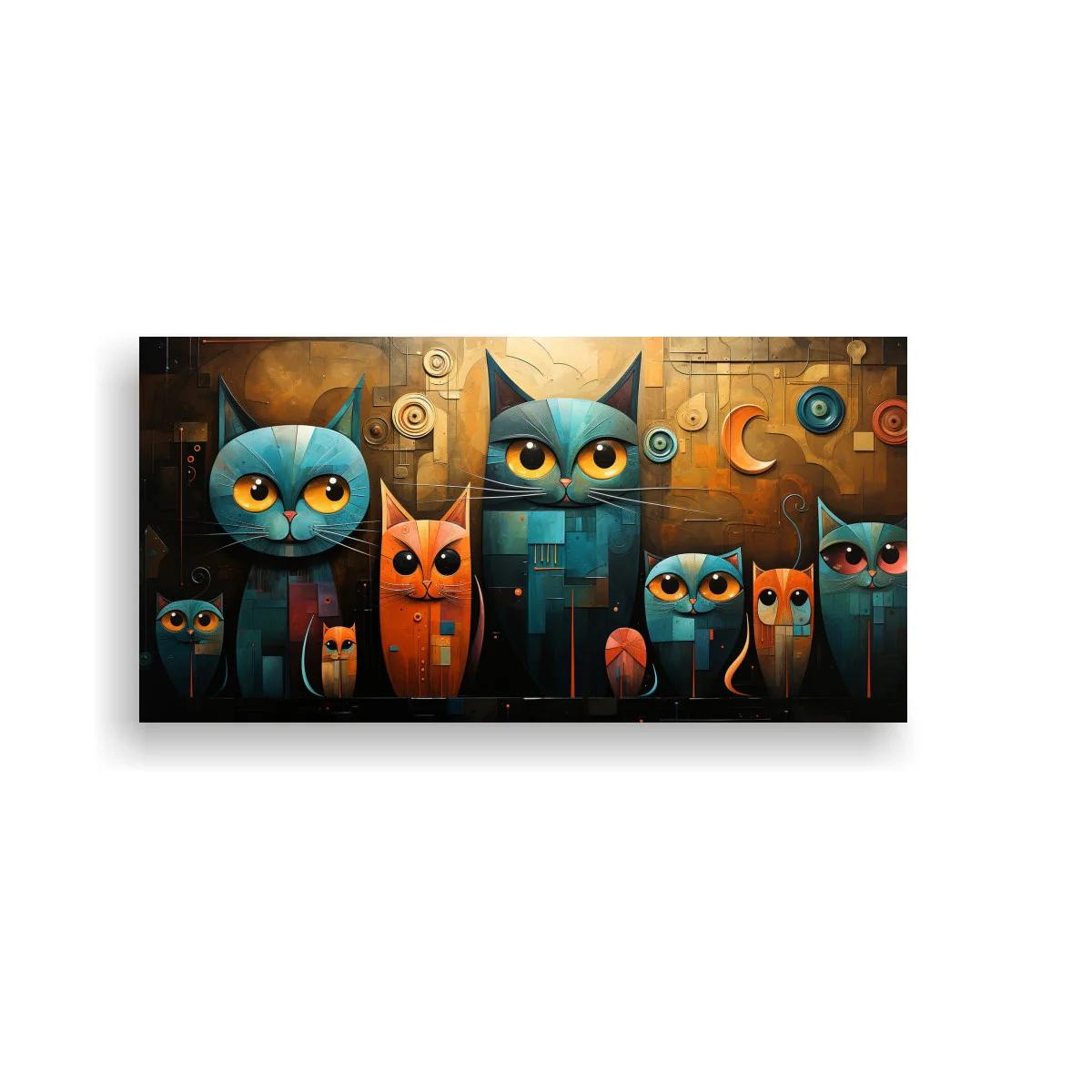 Cuadro grupo de gatos con círculos y luna creciente