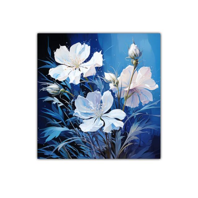 Cuadro decorativo con flores blancas sobre fondo azul intenso