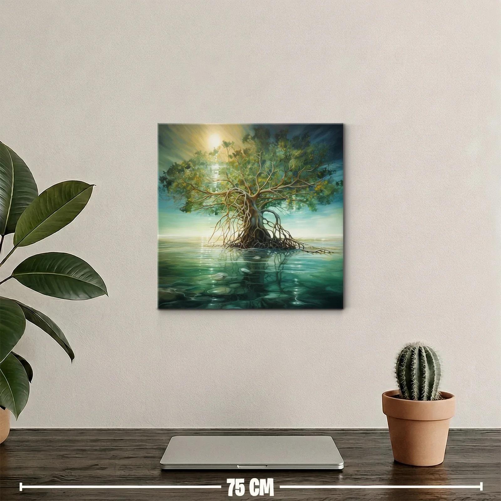 Árbol solitario sobre aguas tranquilas en tonos naturales — miniatura 2
