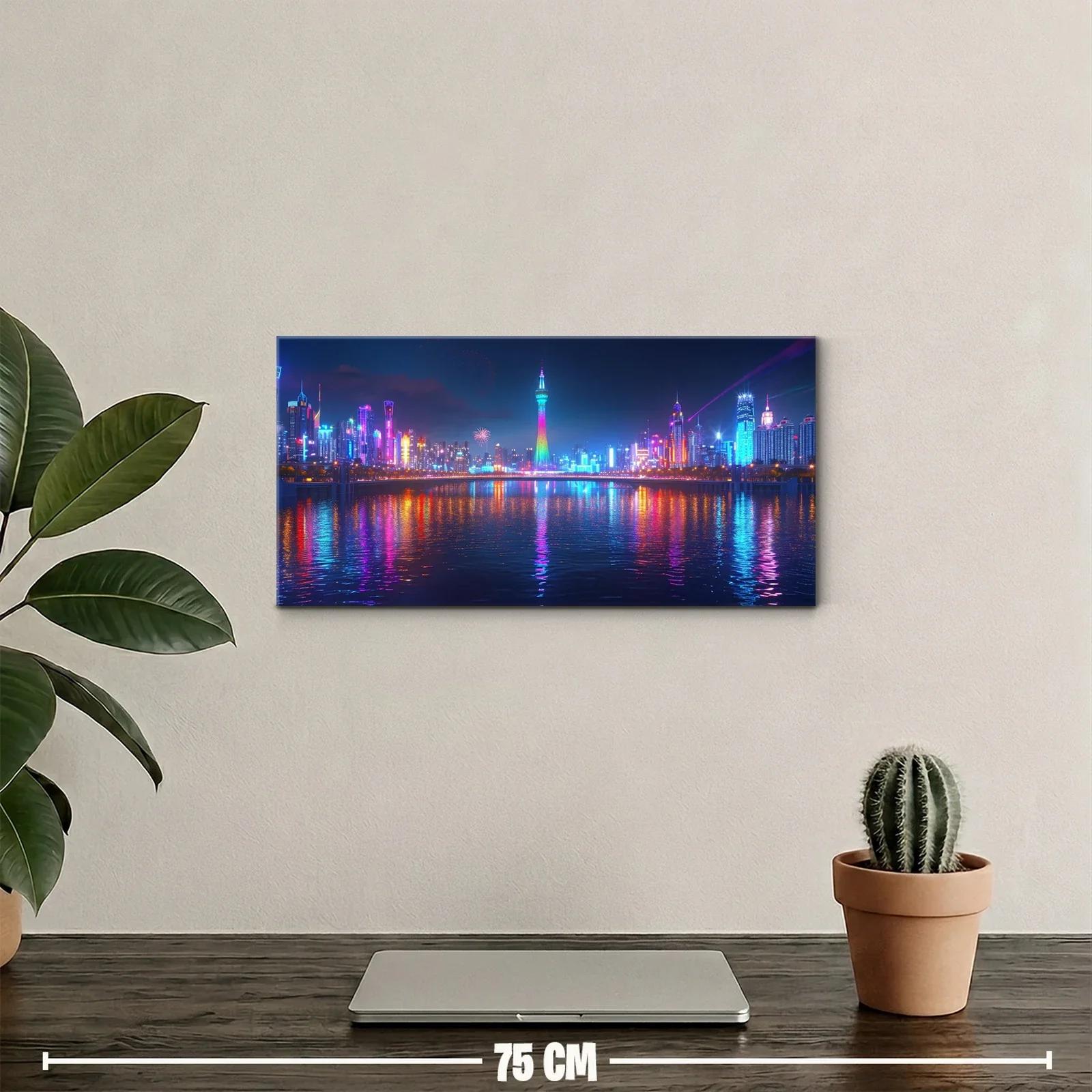 Cuadro skyline urbano nocturno con torre multicolor y reflejos — miniatura 2