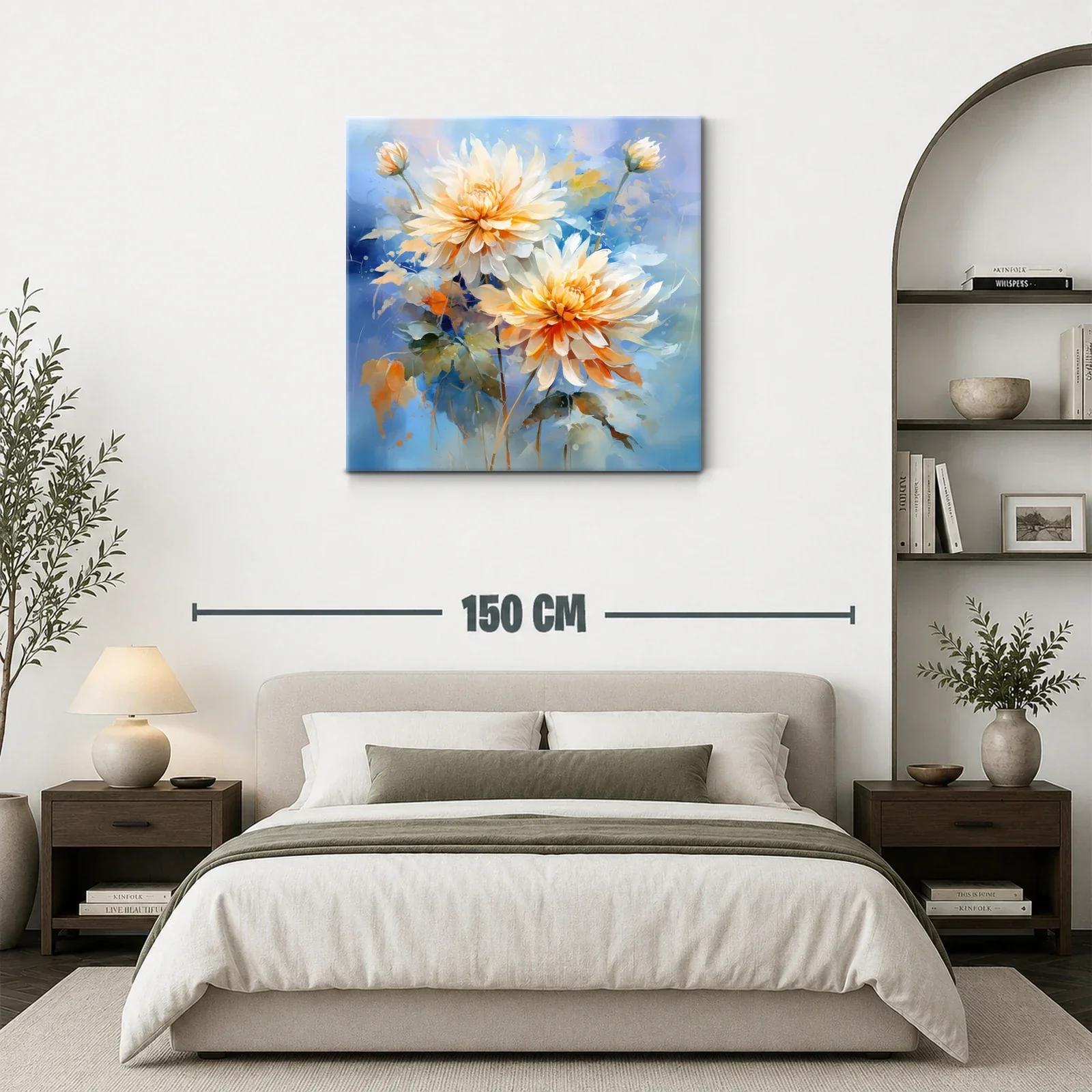 Cuadro floral con dalias en tonos cálidos y fondo azul — miniatura 3