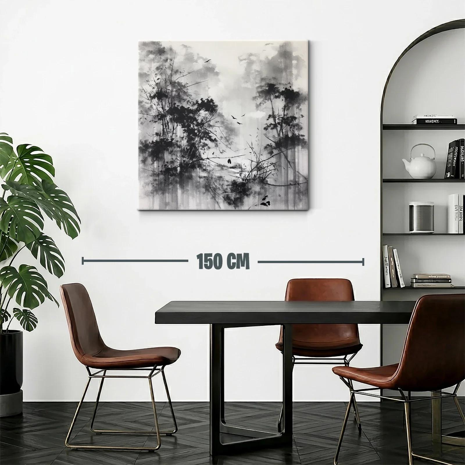 Bosque brumoso con aves en tonos grises y negros — miniatura 2