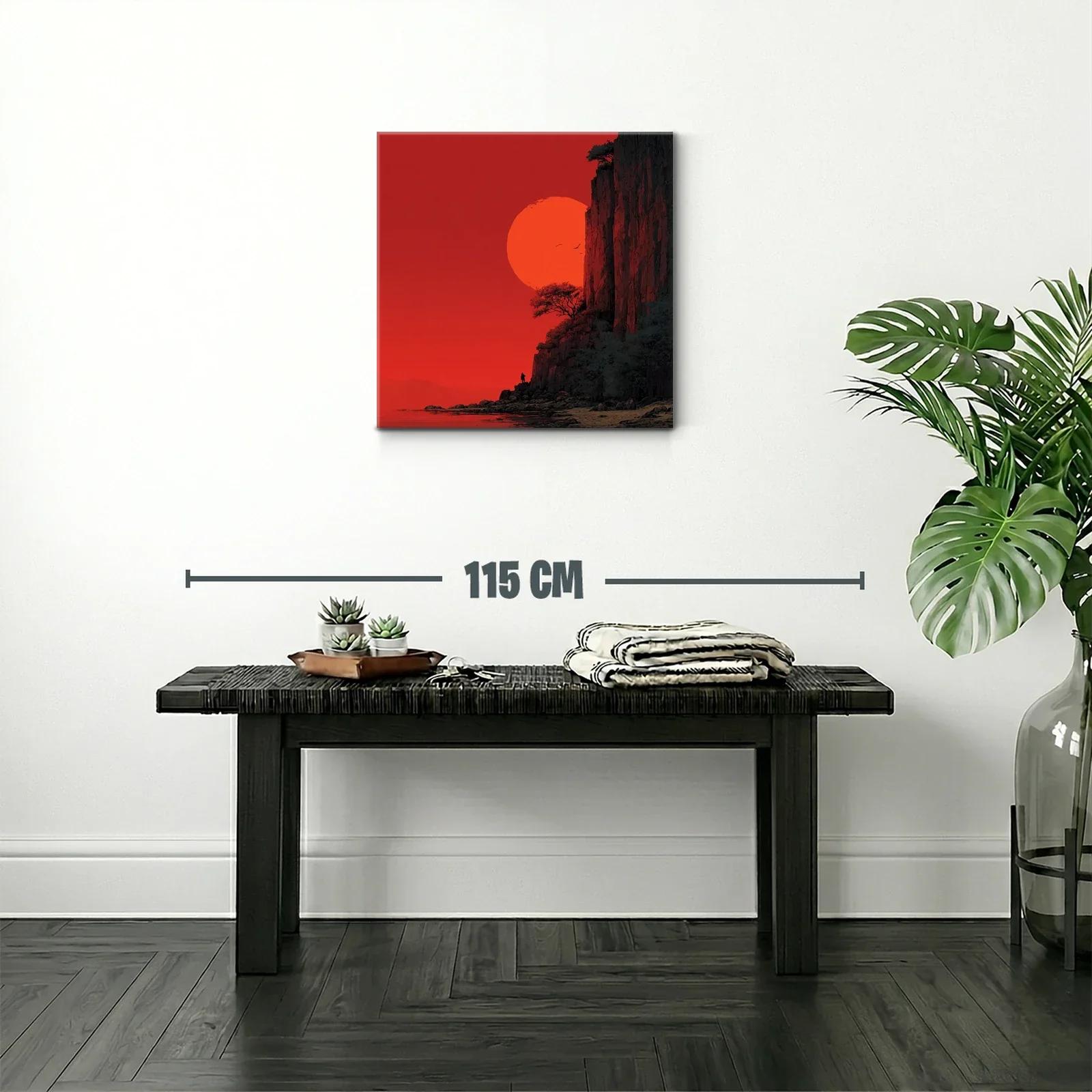 Paisaje dramático con sol rojo y acantilados rocosos — miniatura 2
