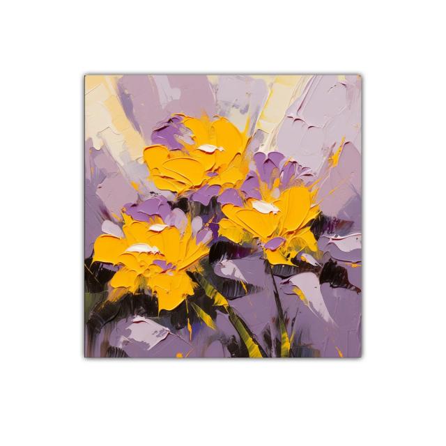 Cuadro floral vibrante con tonos cálidos y lilas