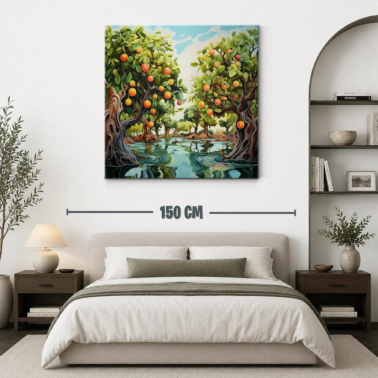Cuadro de paisaje con árboles frutales y agua serena — miniatura 3