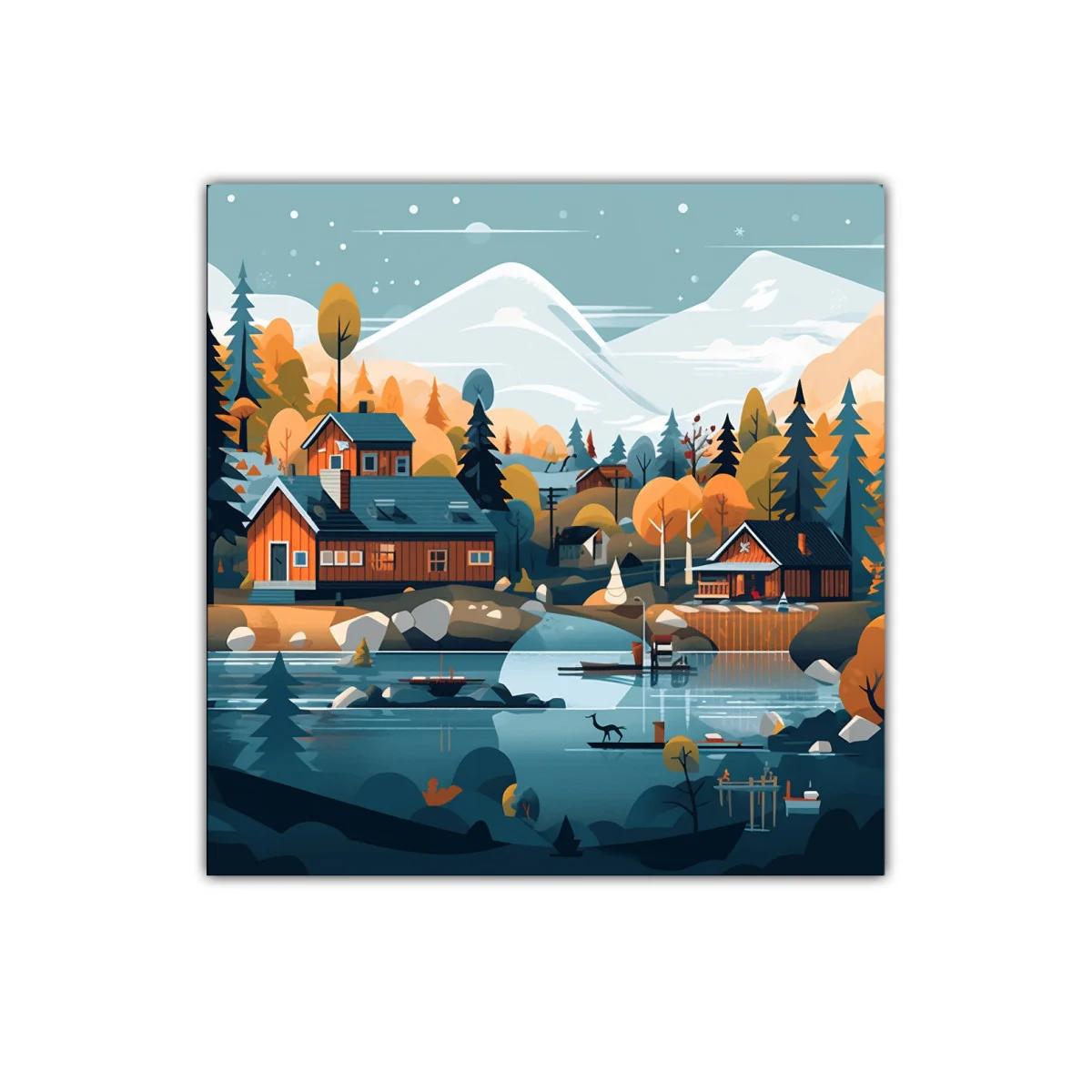 Paisaje sereno de cabañas junto al lago y montañas nevadas — imagen principal