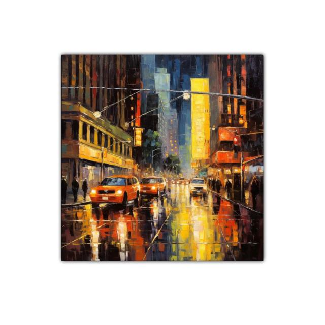 Atardecer urbano con reflejos vibrantes en ciudad nocturna