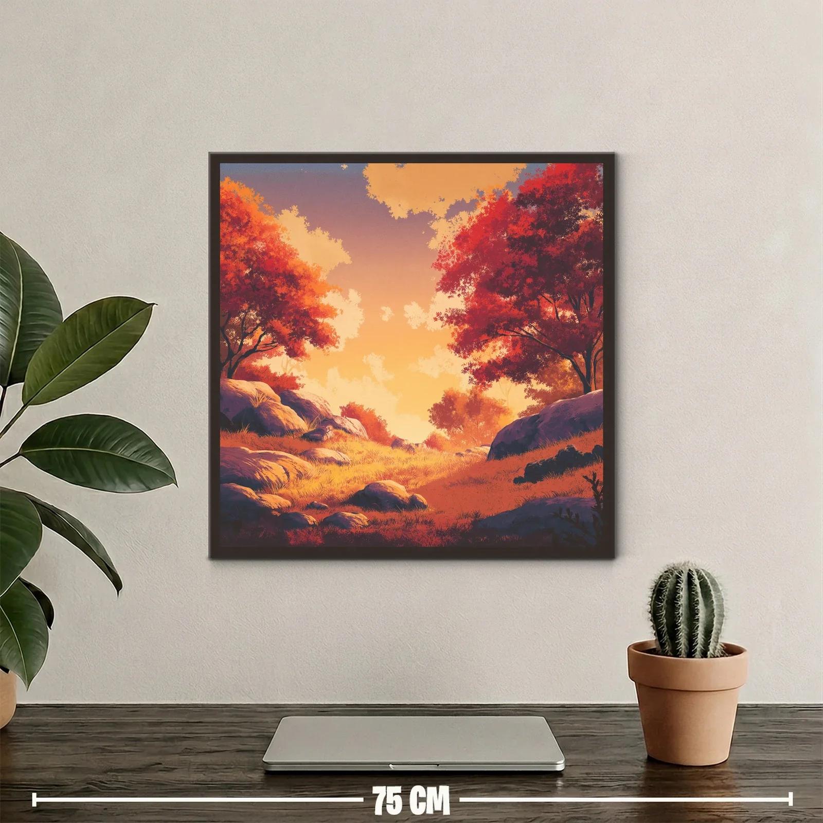 Paisaje otoñal con luz cálida y árboles rojos intensos — miniatura 2