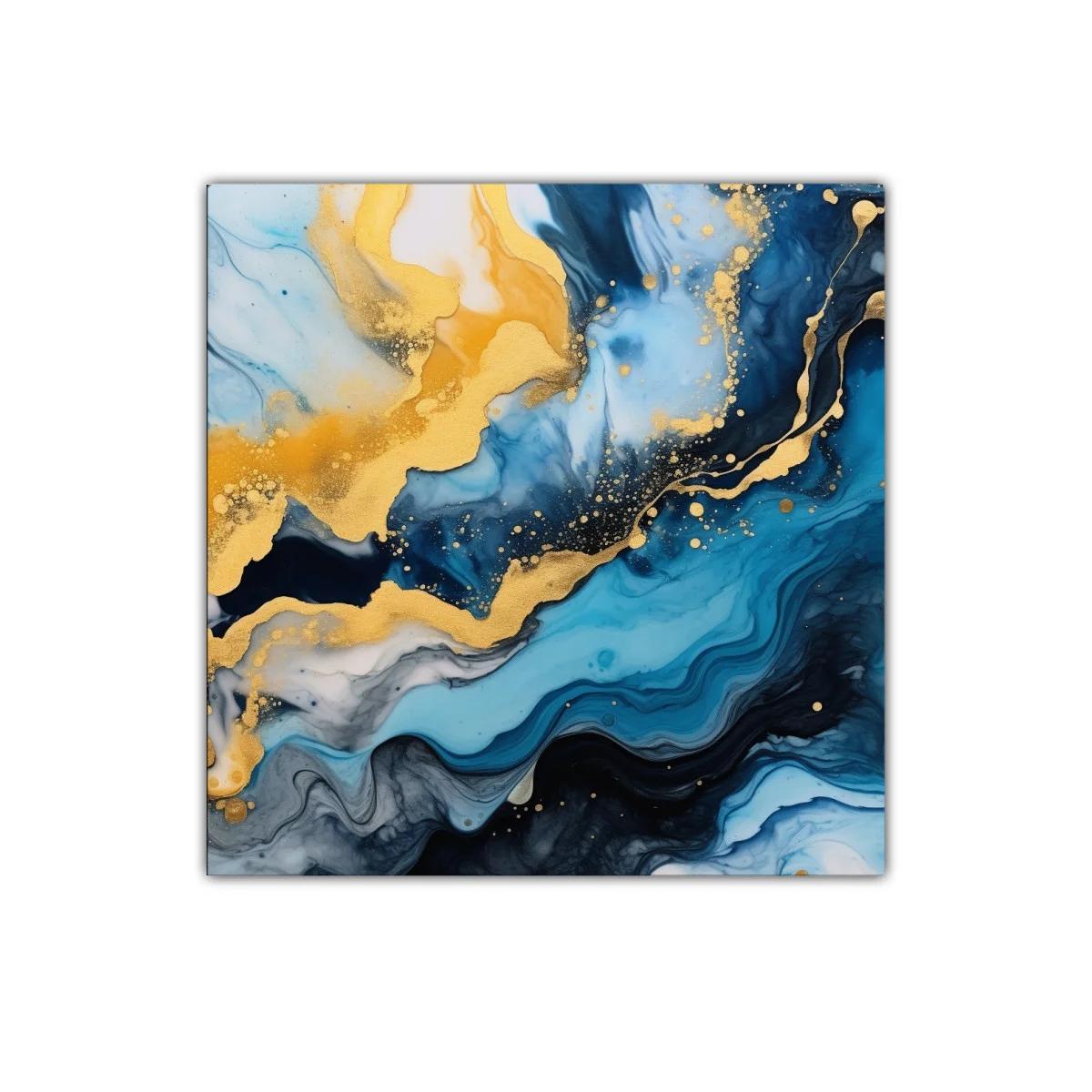 Cuadro abstracto con tonos azules y dorados vibrantes