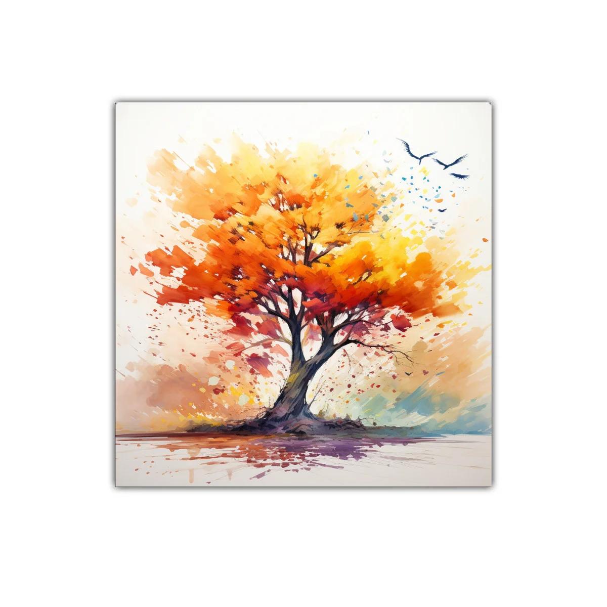 Árbol vibrante con tonos cálidos y vuelo de aves
