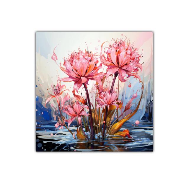 Flores exuberantes en tonos rosa sobre agua reflejada