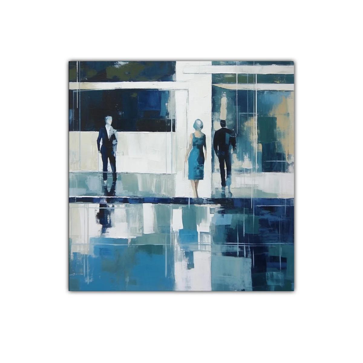 Cuadro abstracto con siluetas y reflejos en tonos azules