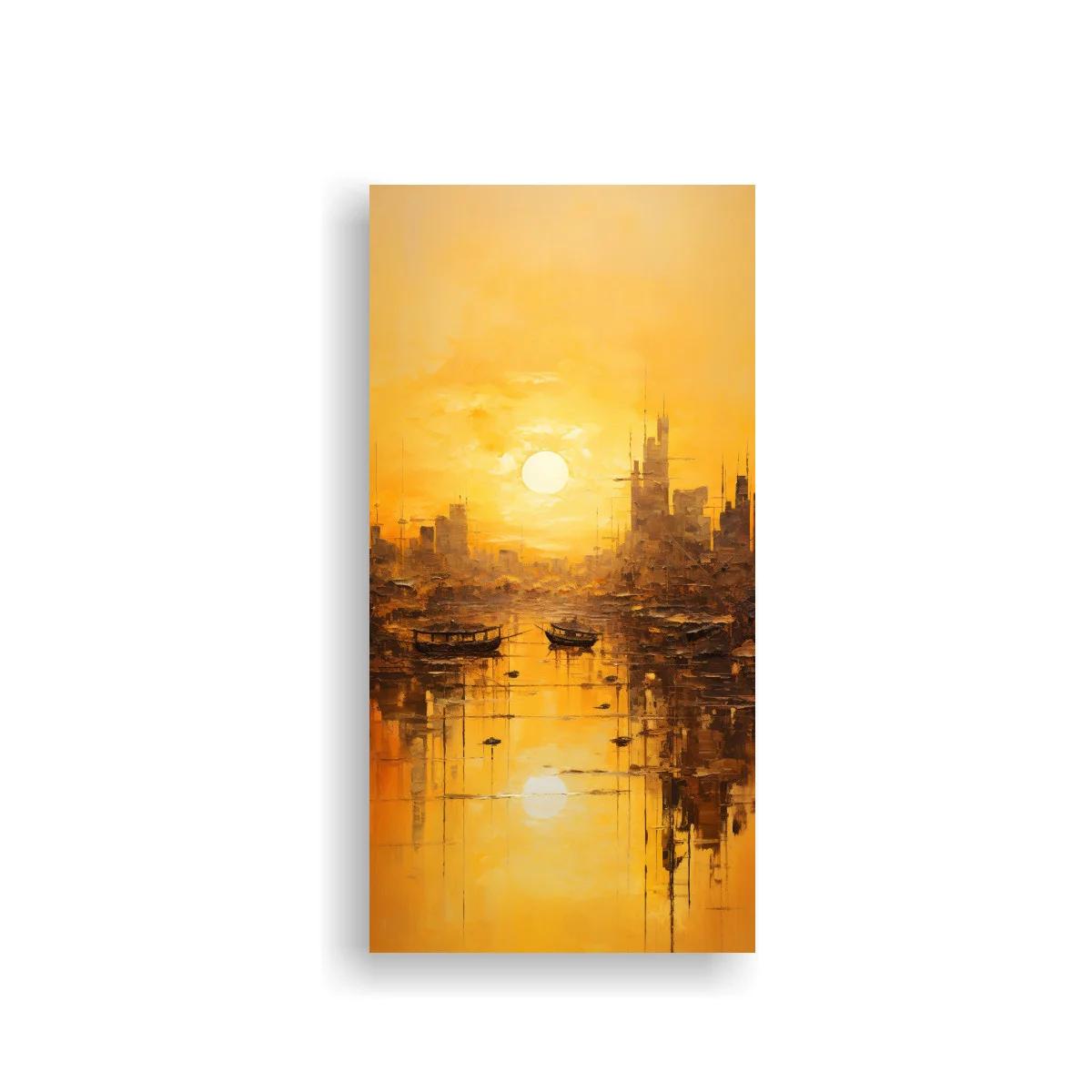 Cuadro ciudad junto al agua al atardecer con reflejo dorado