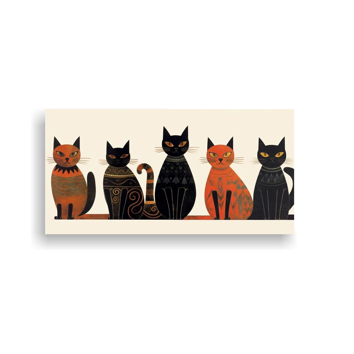 Cuadro cinco gatos alineados con patrones de espirales y rayas