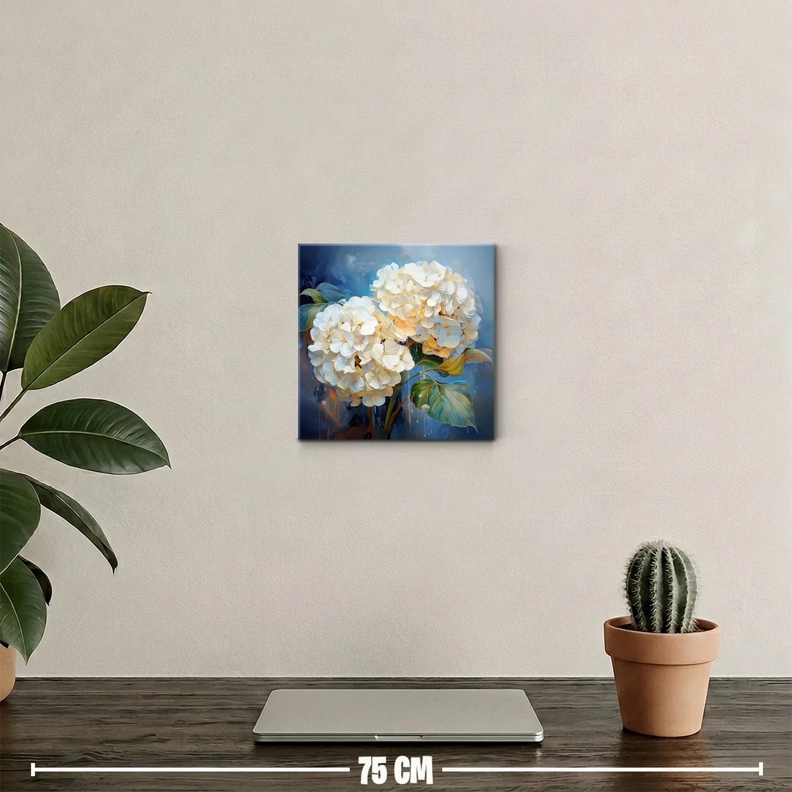 Cuadro decorativo de hortensias blancas sobre fondo azul — miniatura 2