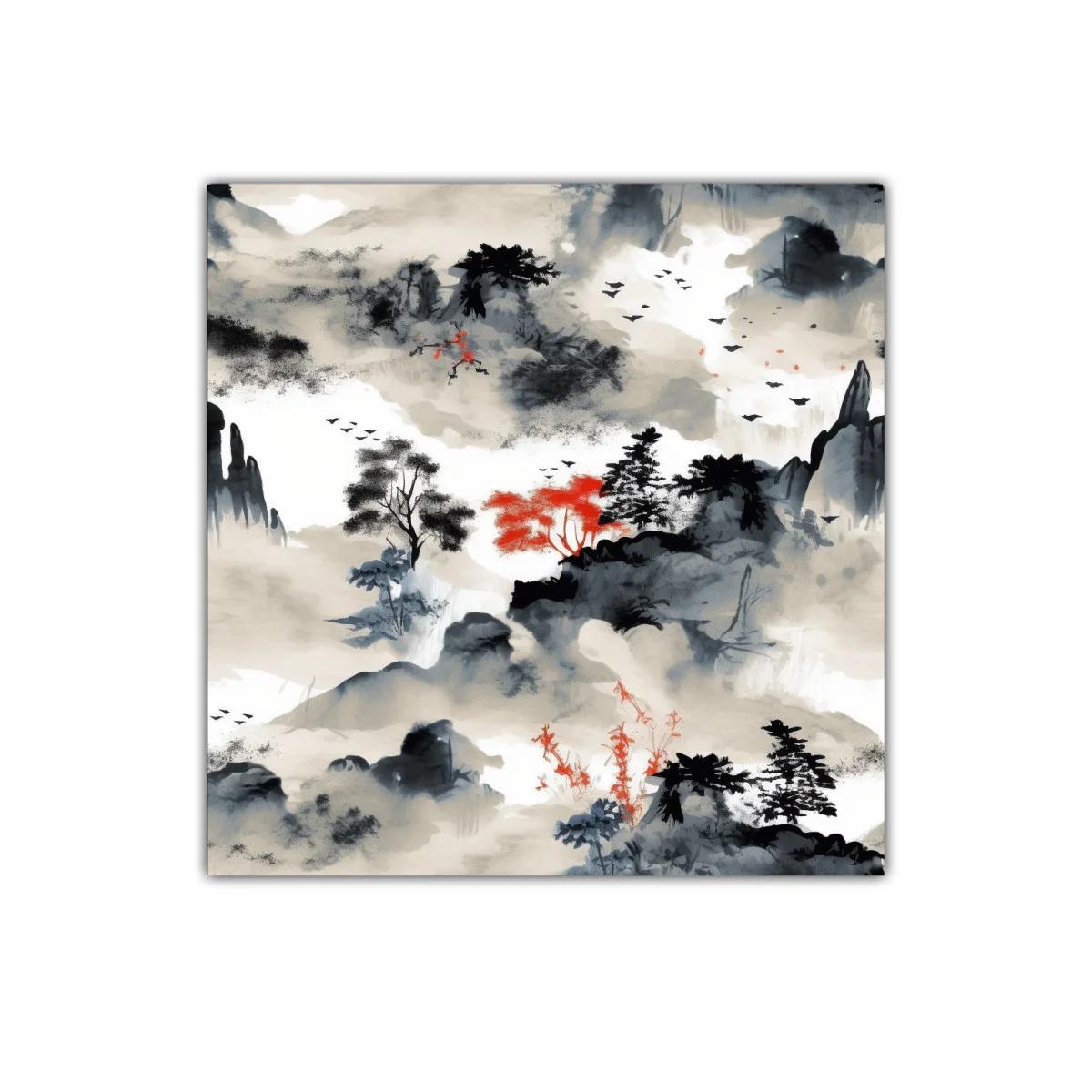Paisaje zen con toques rojos y grises intensos