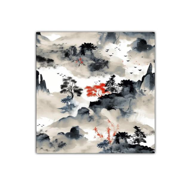 Paisaje zen con toques rojos y grises intensos