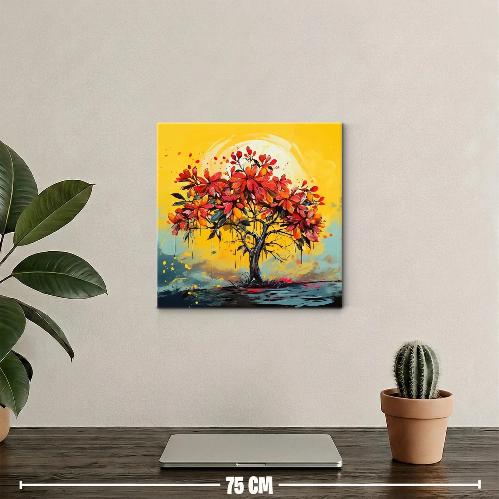 Árbol vibrante con flores rojas sobre fondo amarillo cálido — miniatura 2
