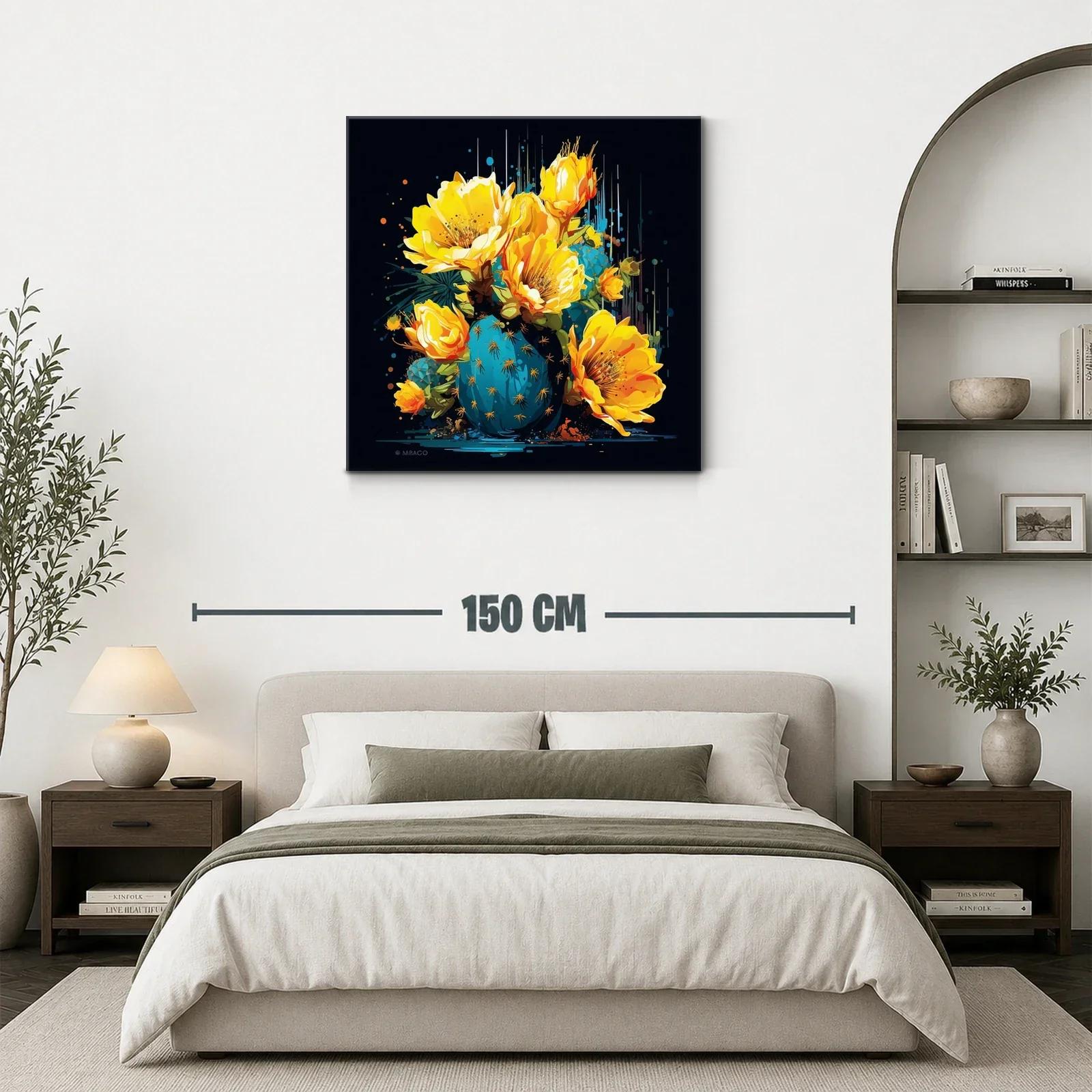 Cuadro moderno con flores amarillas y cactus azul vibrante — miniatura 3