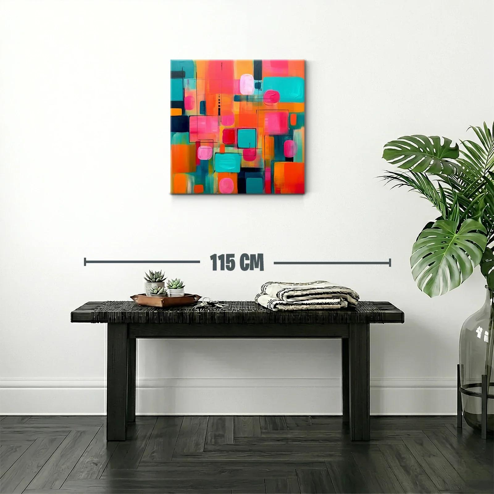 Cuadro abstracto vibrante tonos rosa turquesa y naranja — miniatura 2
