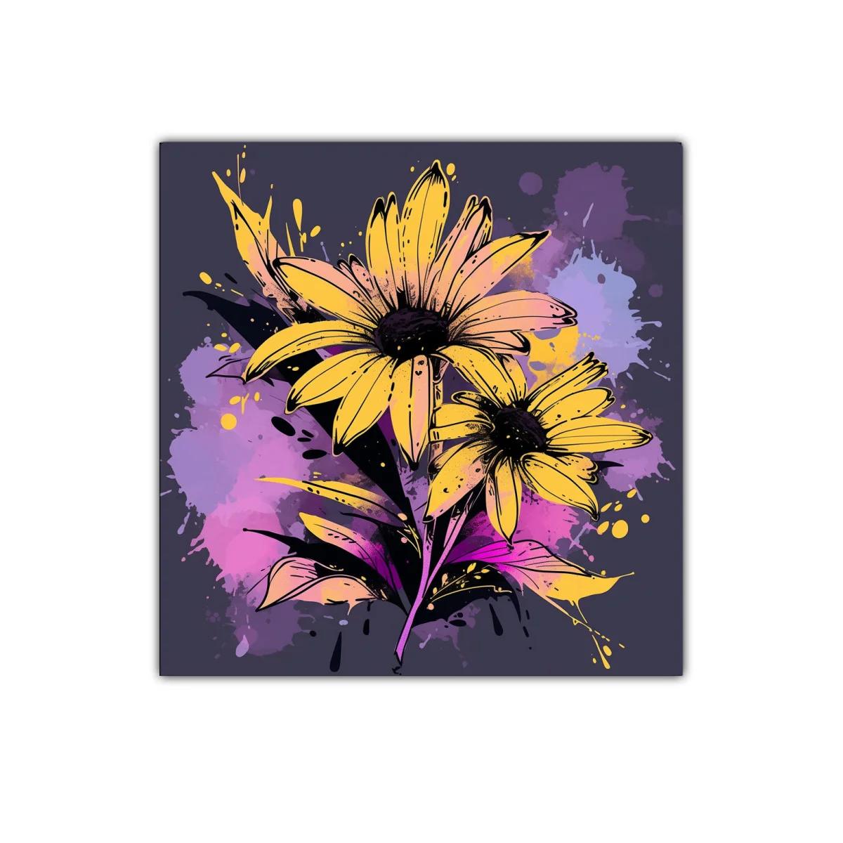 Cuadro vibrante con flores amarillas y fondo abstracto morado — imagen principal