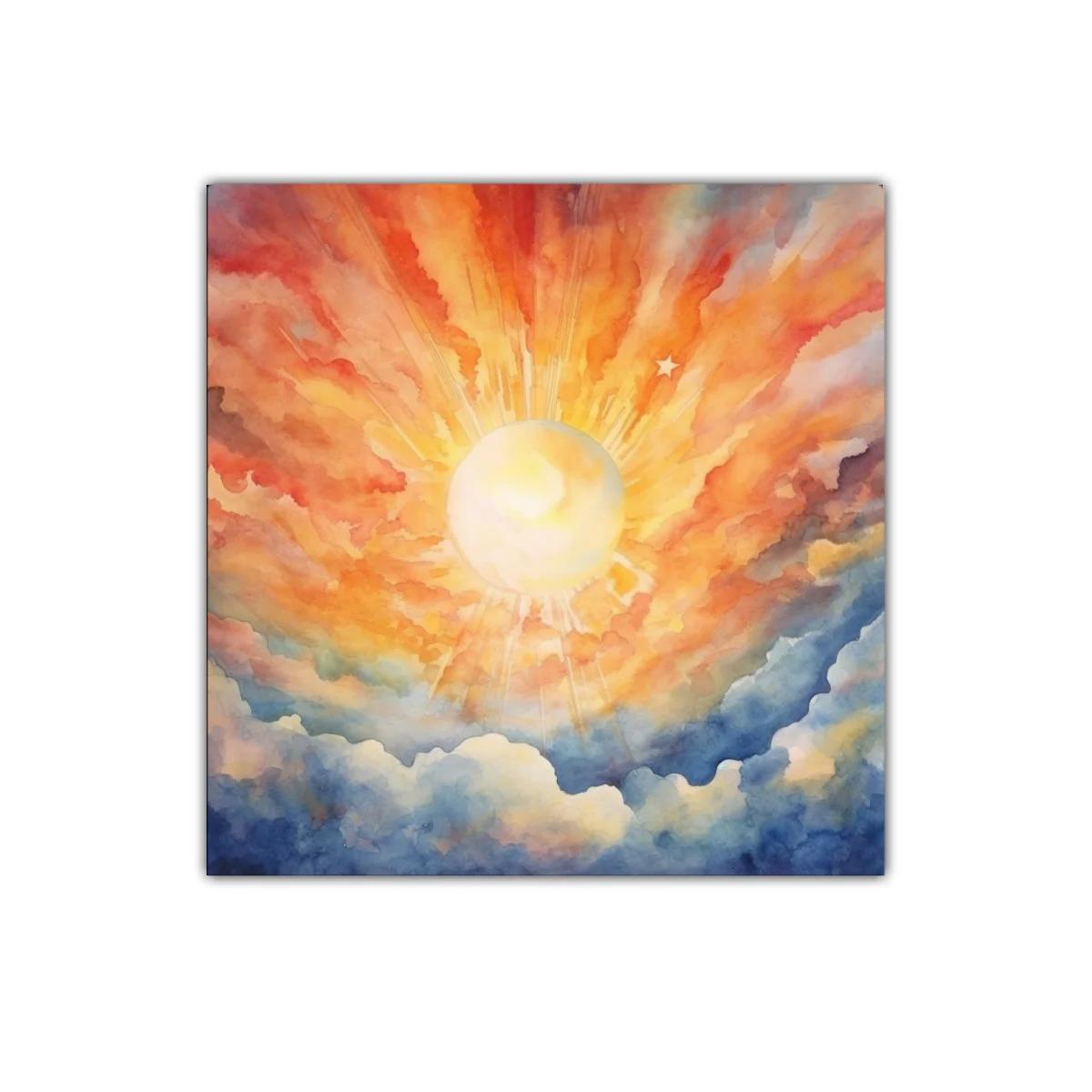 Cuadro vibrante de sol radiante entre nubes coloridas