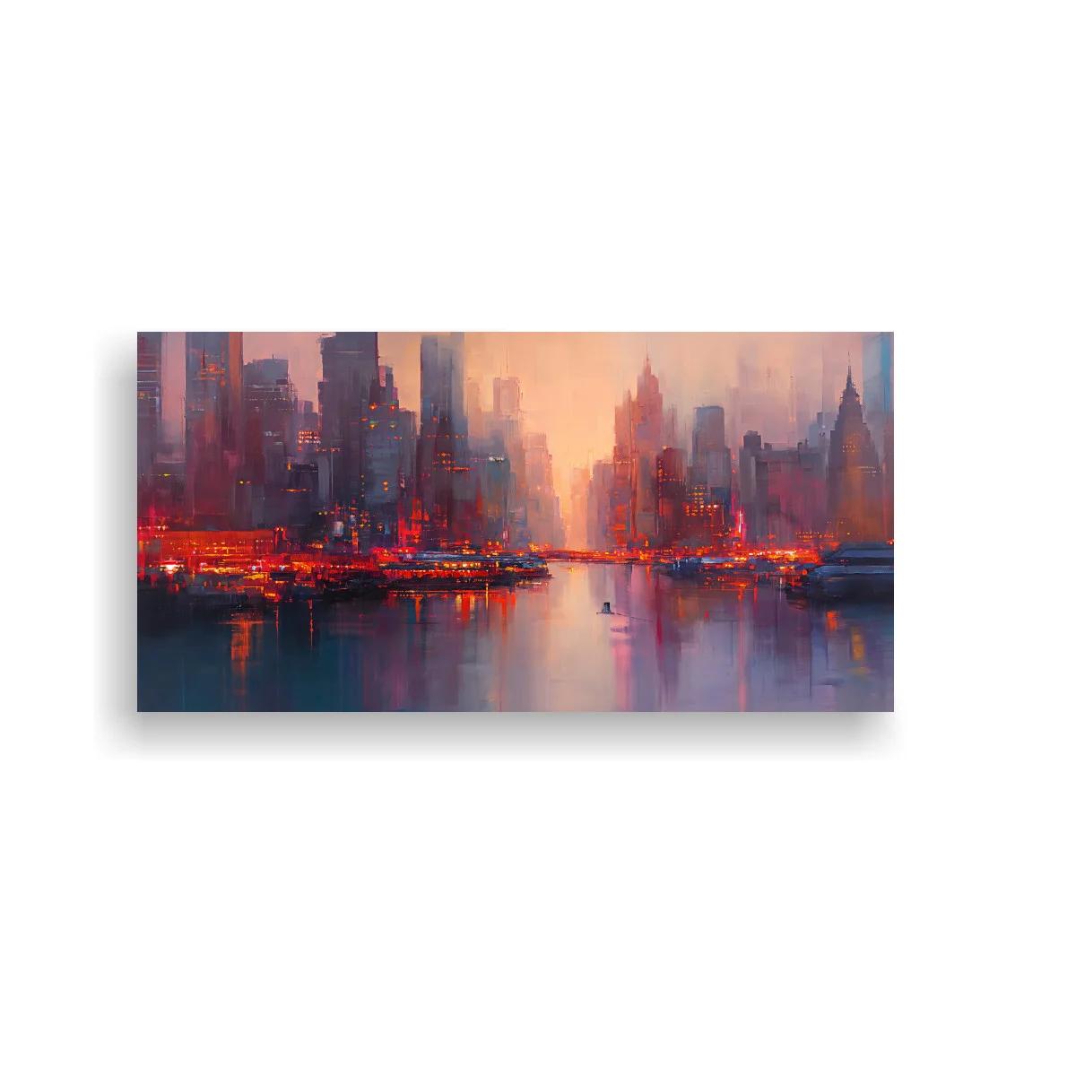 Cuadro skyline urbano al atardecer con reflejos en el agua