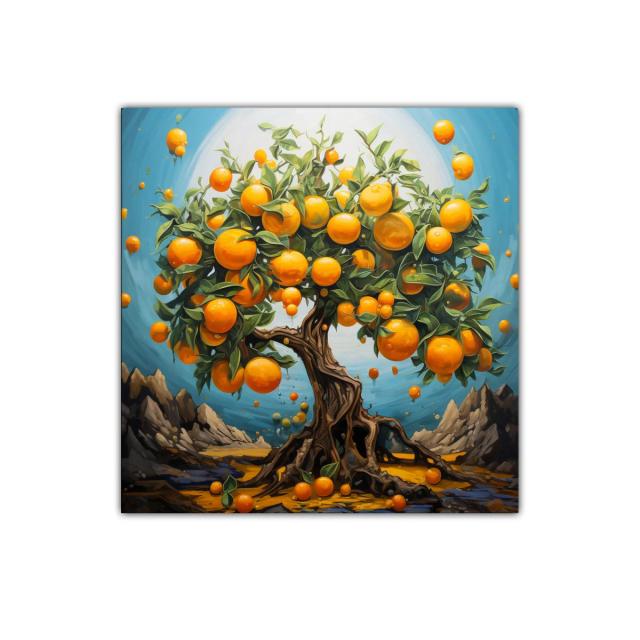 Árbol de naranjas vibrante con paisaje surrealista