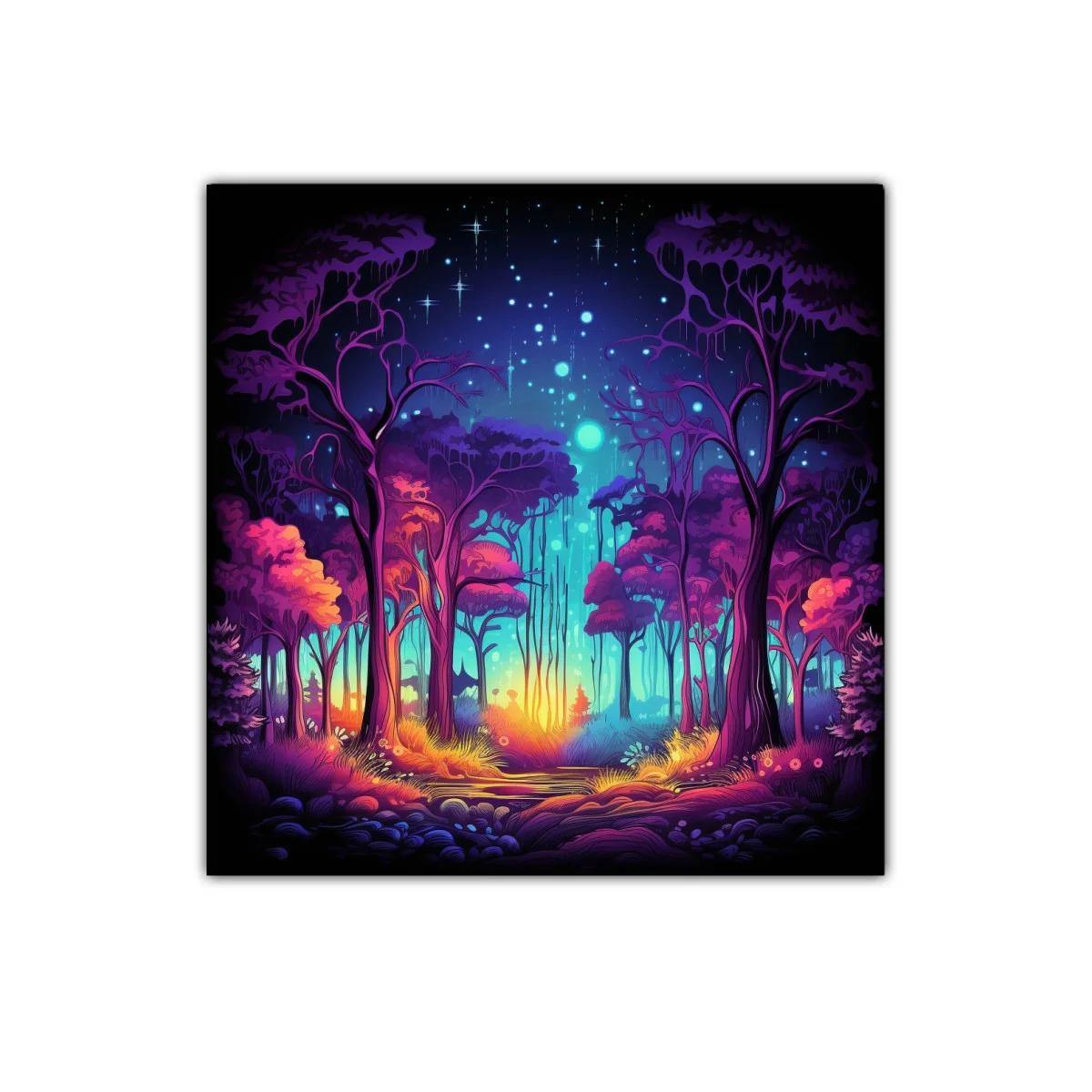 Bosque mágico iluminado con colores vibrantes y estrellas — imagen principal