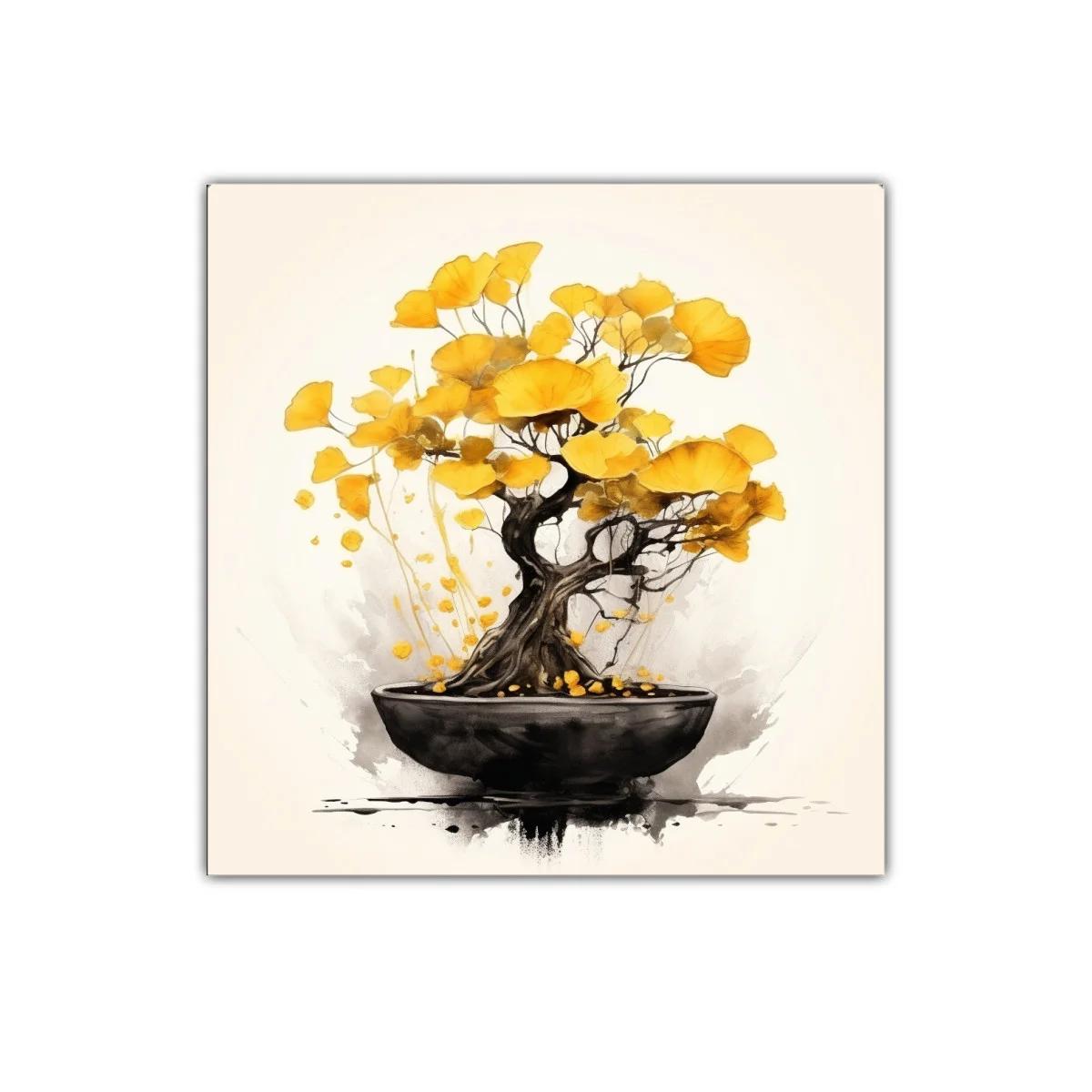 Árbol bonsái con hojas doradas en delicado equilibrio