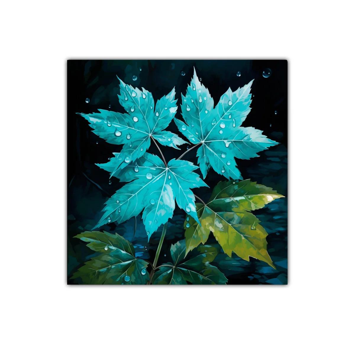 Hojas en tonos azules con gotas de agua brillantes — imagen principal