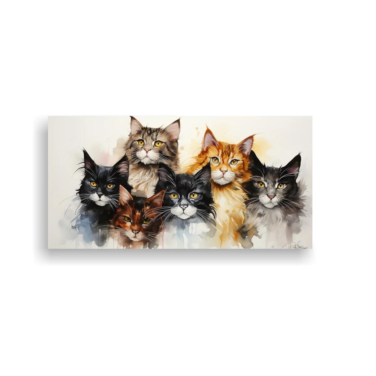 Cuadro grupo de gatos de pelo largo con acuarela suave