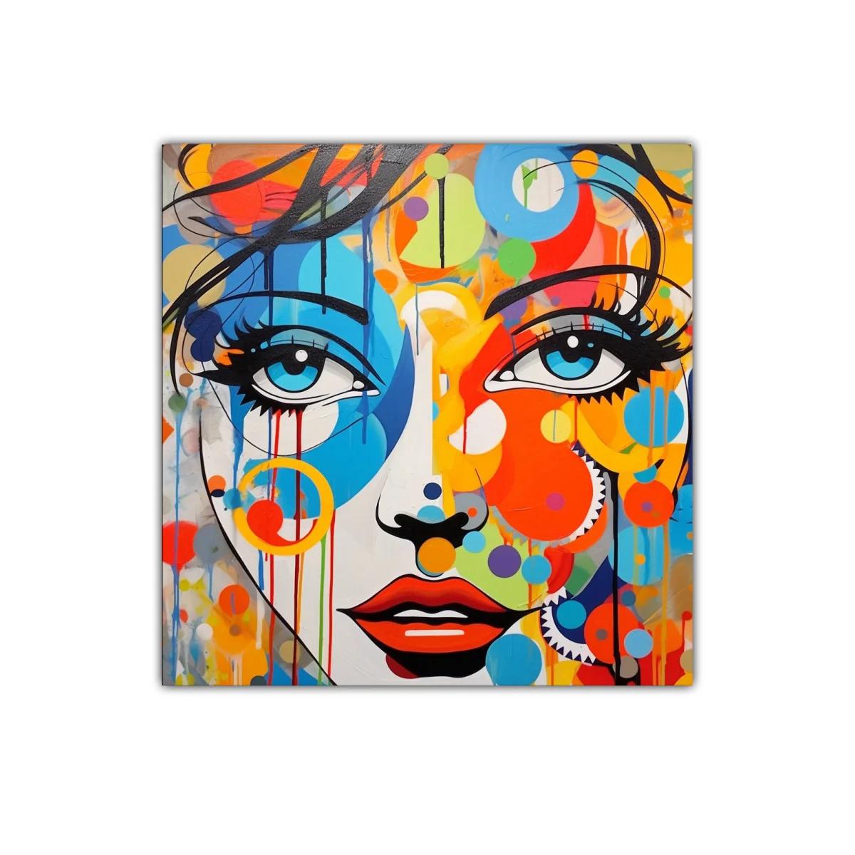 Rostro femenino vibrante con colores intensos y formas abstractas