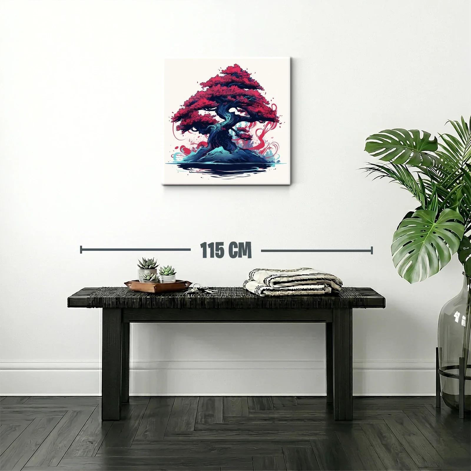 Árbol bonsái vibrante con follaje rojo intenso y base azul — miniatura 2
