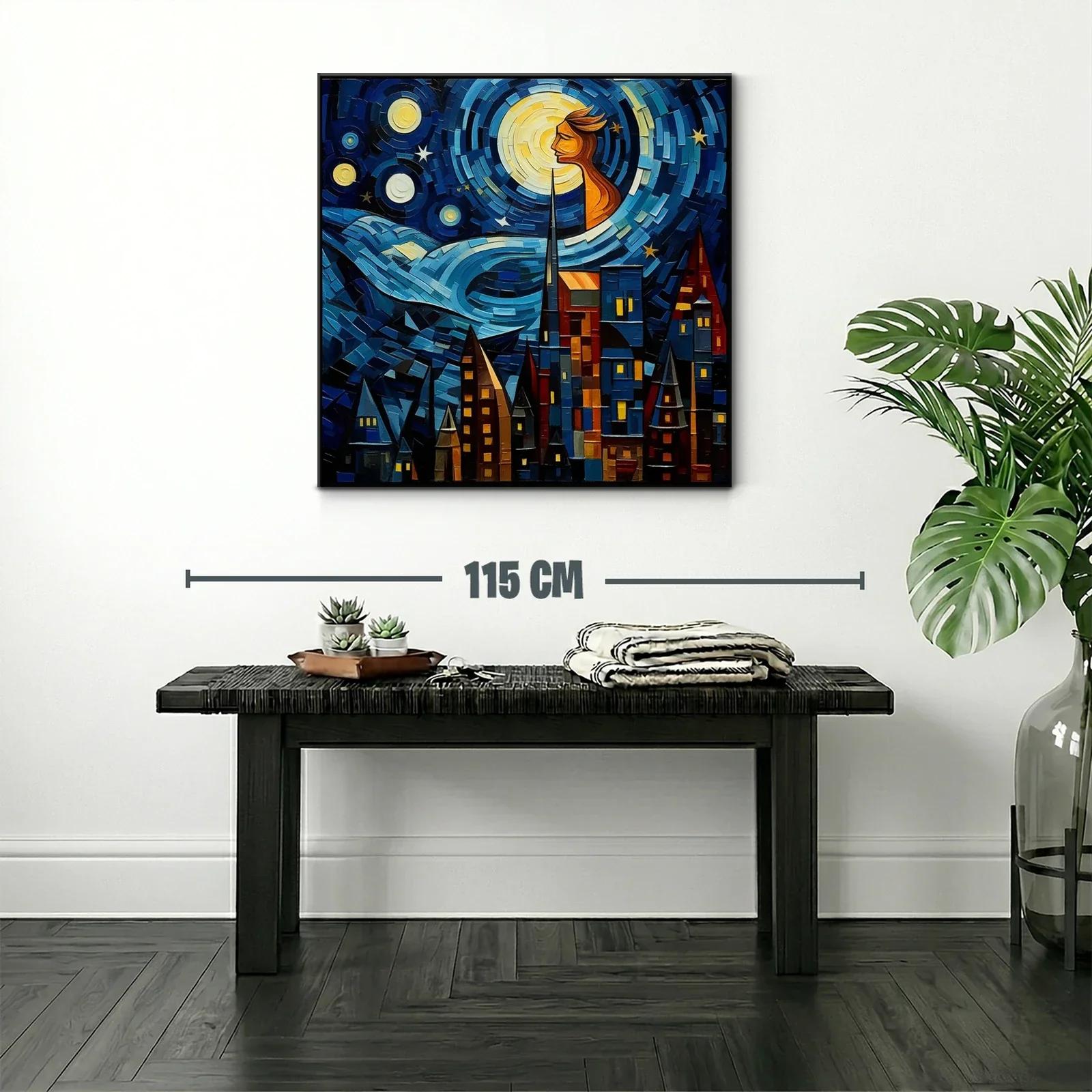 Paisaje urbano bajo un cielo estrellado con figura luminosa — miniatura 2