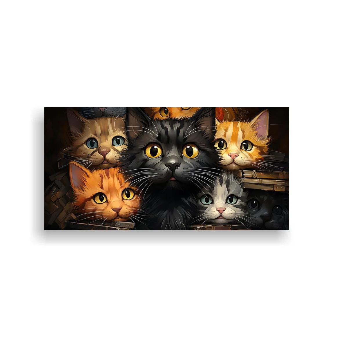 Cuadro grupo de gatos asomando entre libros