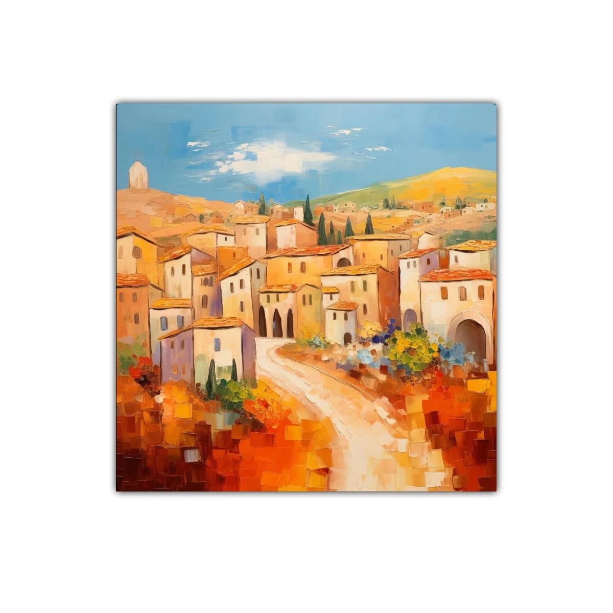 Paisaje mediterráneo con pueblo y colores cálidos