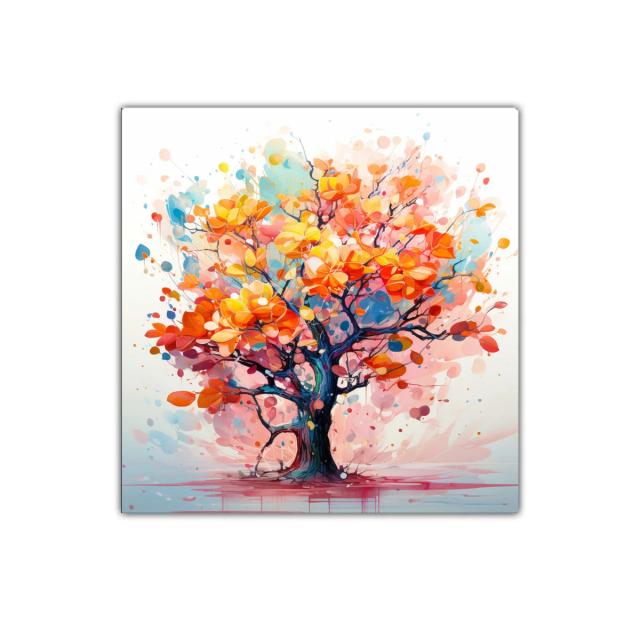 Árbol vibrante con hojas en tonos cálidos y azules