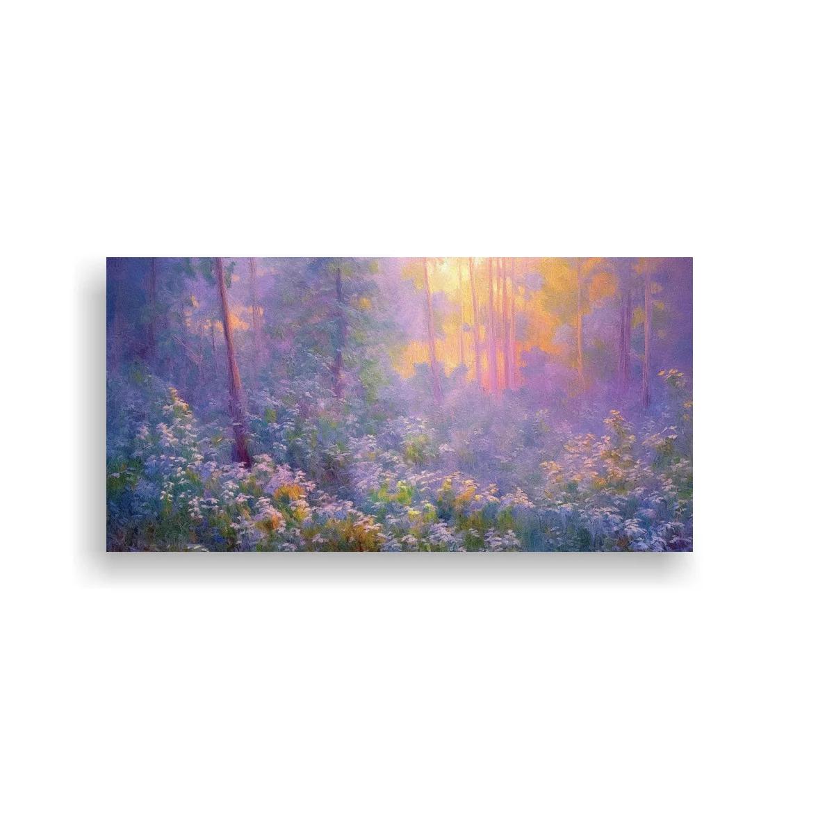 Cuadro bosque con flores silvestres y luz dorada