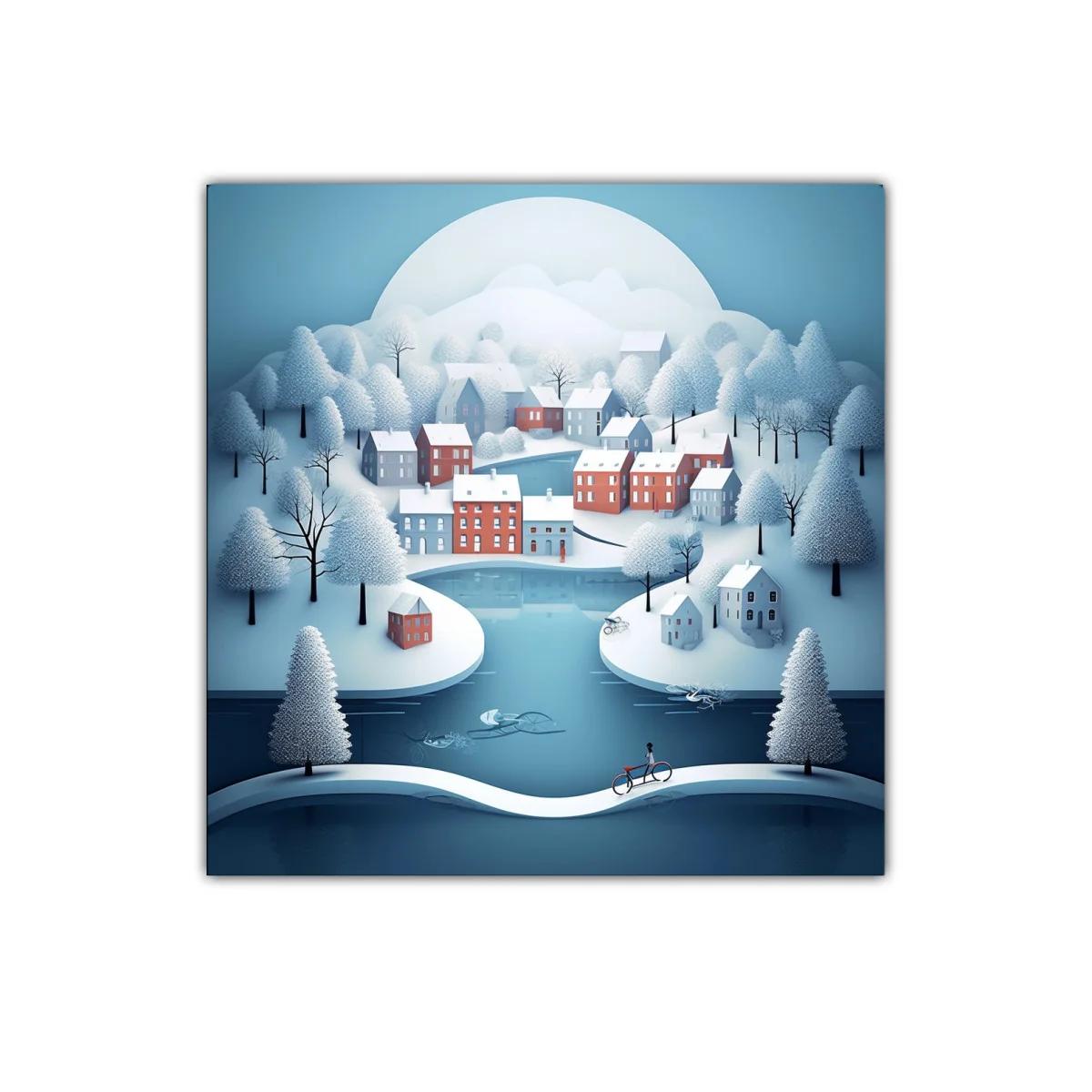 Paisaje Invernal con Pueblo y Río en Tonos Suaves