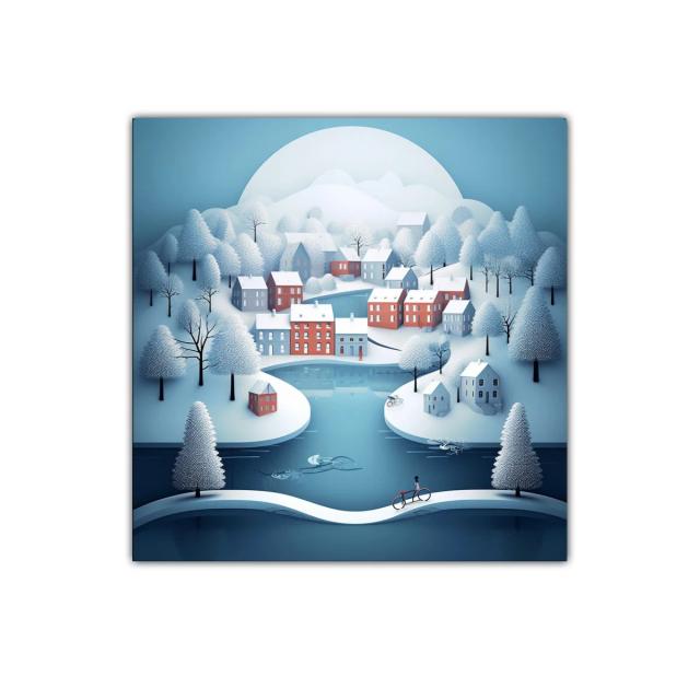 Paisaje Invernal con Pueblo y Río en Tonos Suaves