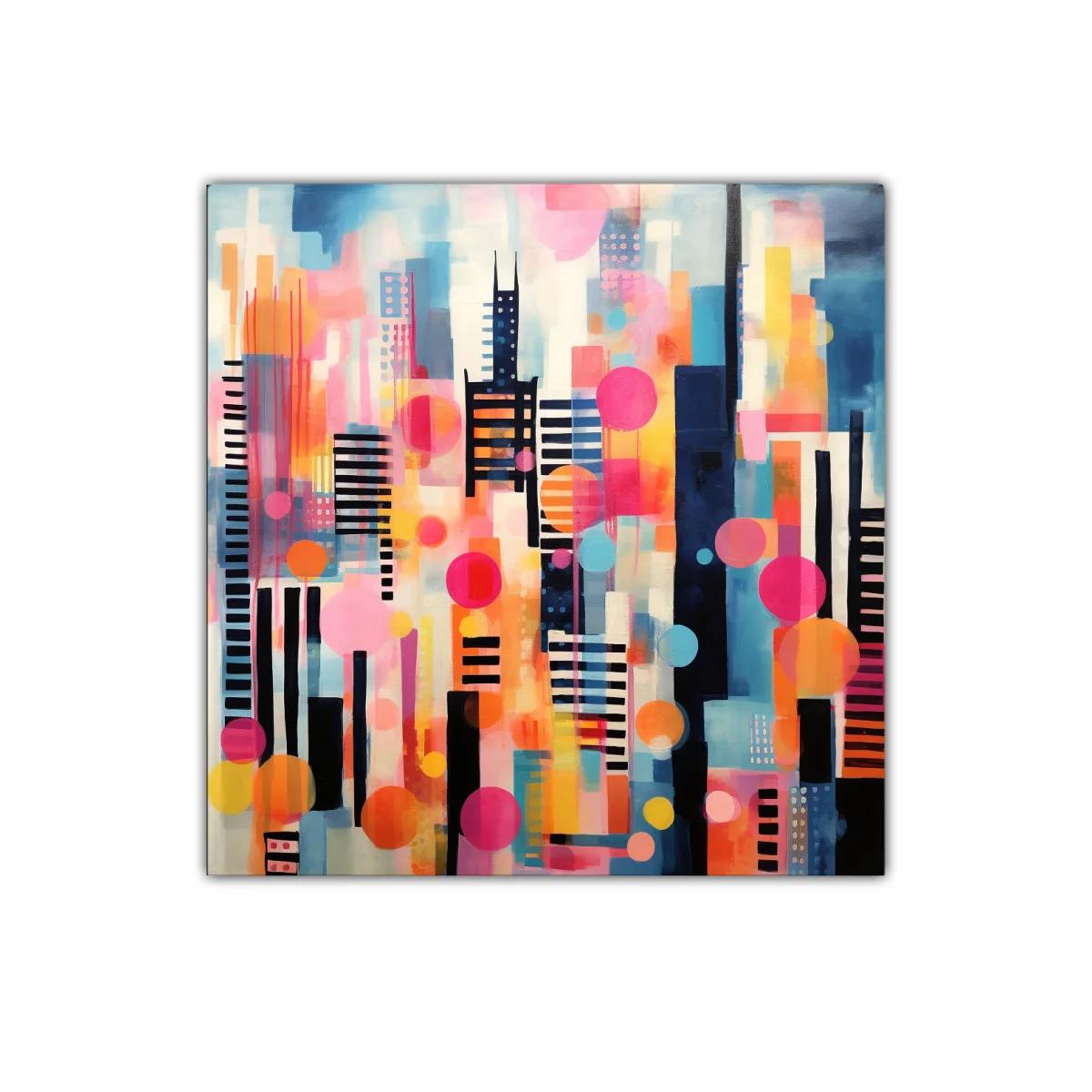 Cuadro moderno de ciudad vibrante con formas geométricas — imagen principal